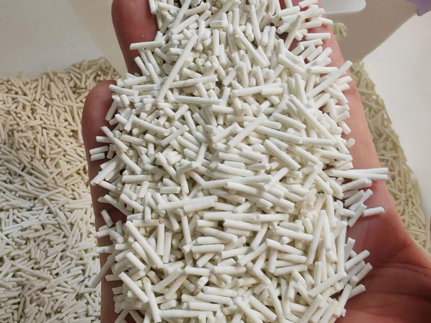 Hand holding tofu litter pellets next to a litter scoop